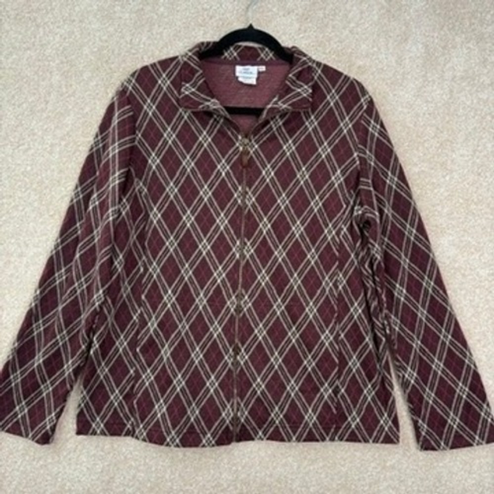 HOT COTTON Jacket Women's XL Burgundy Argyle Full Zip Long Sleeve Plaid Preppy